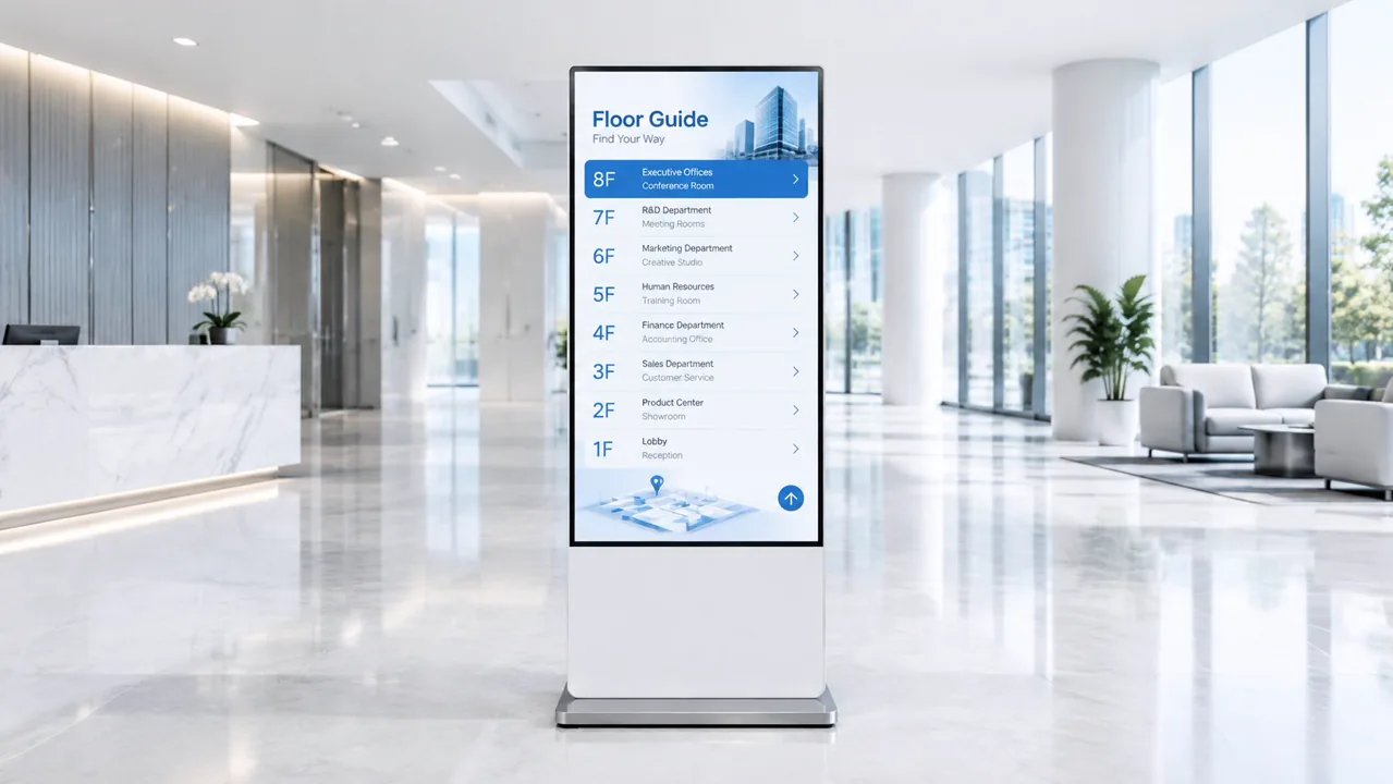 Floor-standing interactive wayfinding kiosk displaying a building floor directory in a corporate lobby