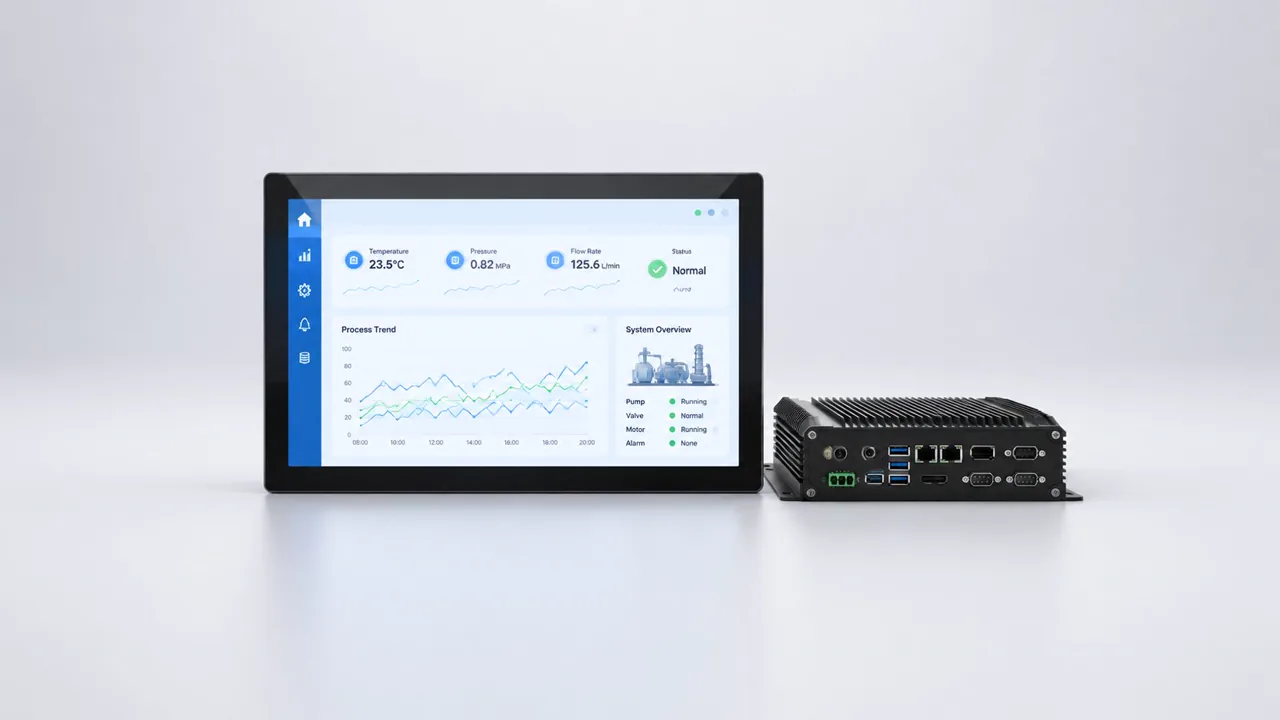Industrial panel PC displaying a process dashboard alongside a fanless industrial PC with extended I/O ports