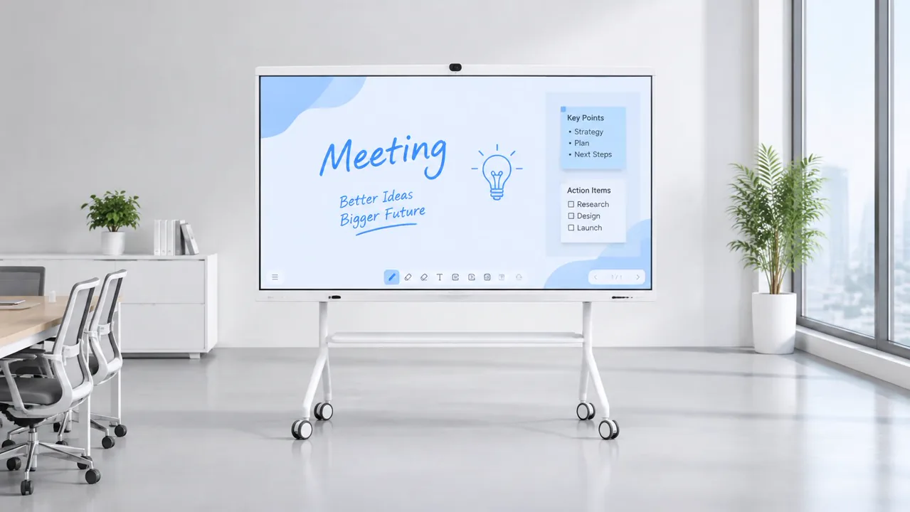 Large-format interactive whiteboard on a mobile stand running a meeting application in a modern conference room