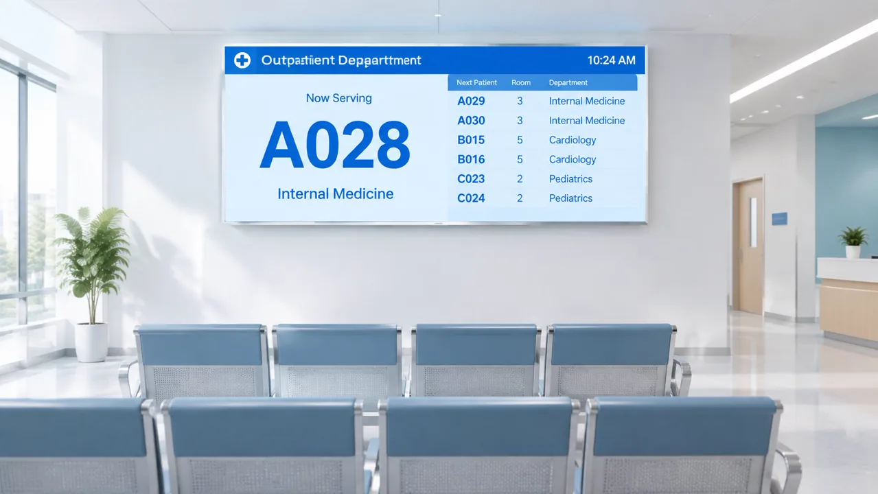 Hospital outpatient waiting area with a digital signage display showing the current queue number, department and patient list