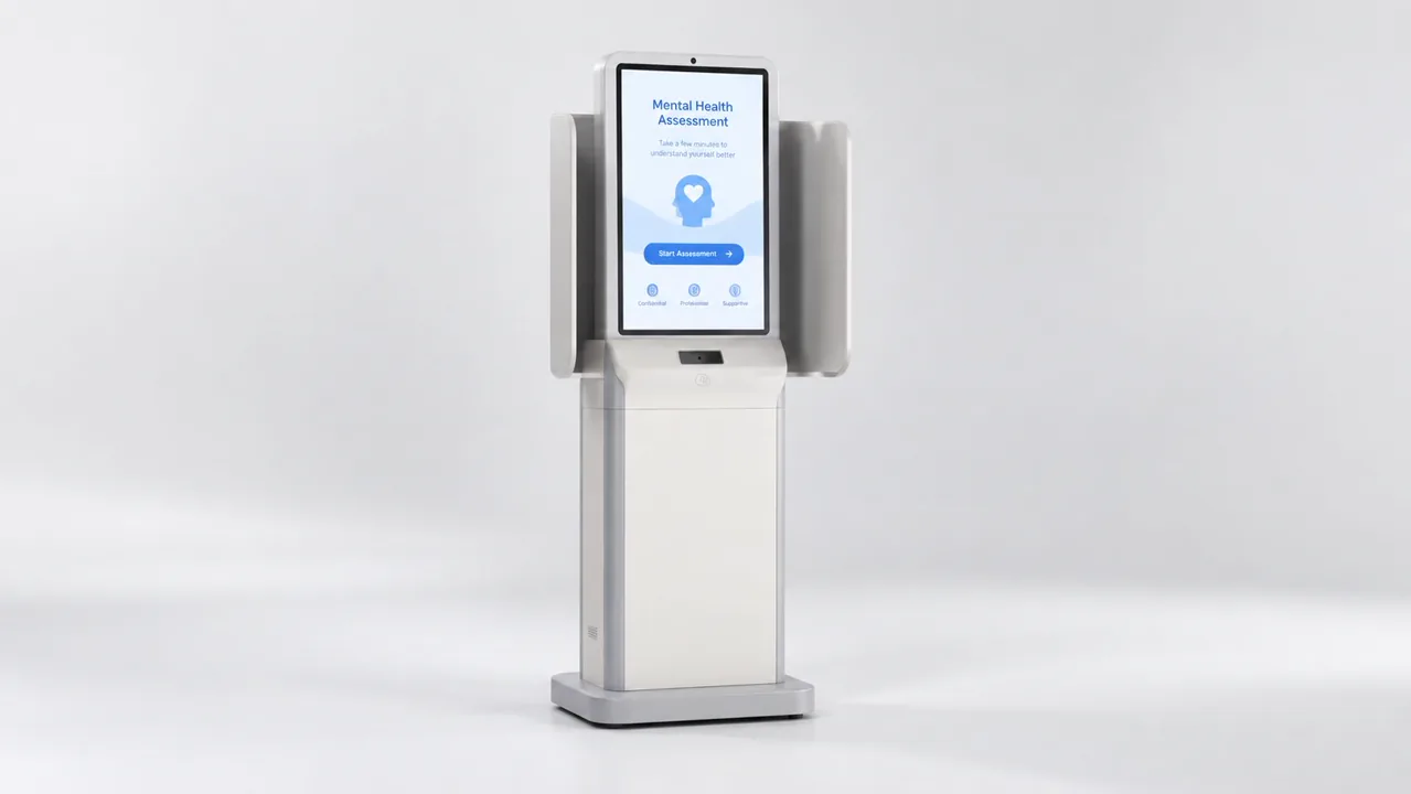 Floor-standing psychological assessment kiosk running a mental health self-assessment interface with Start Assessment call to action