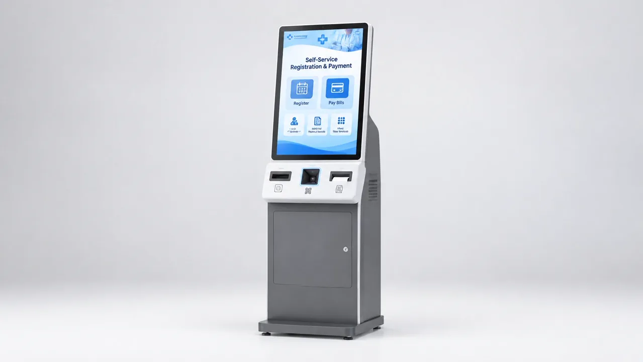 Floor-standing self-service registration and payment kiosk with card reader, document scanner and receipt printer