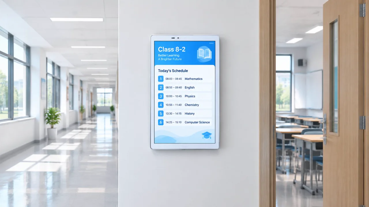 Wall-mounted smart class board at a classroom entrance showing the class identifier and today's timetable of six periods in a school corridor