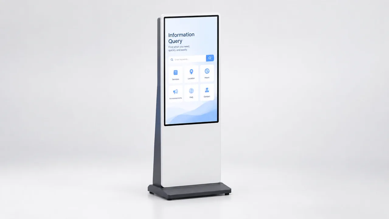 Floor-standing information query kiosk with search and category shortcuts including services, location, hours, announcements, FAQ and contact