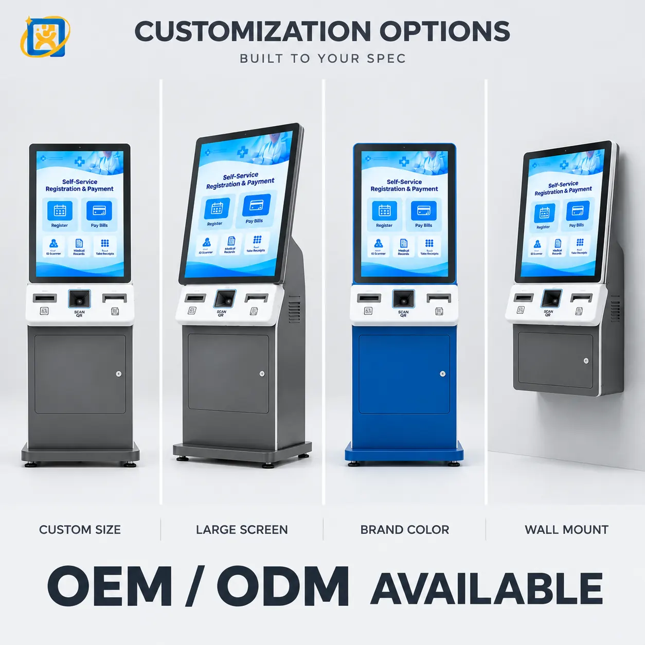 19-inch floor-standing hospital self-service terminal showing the patient registration interaction concept