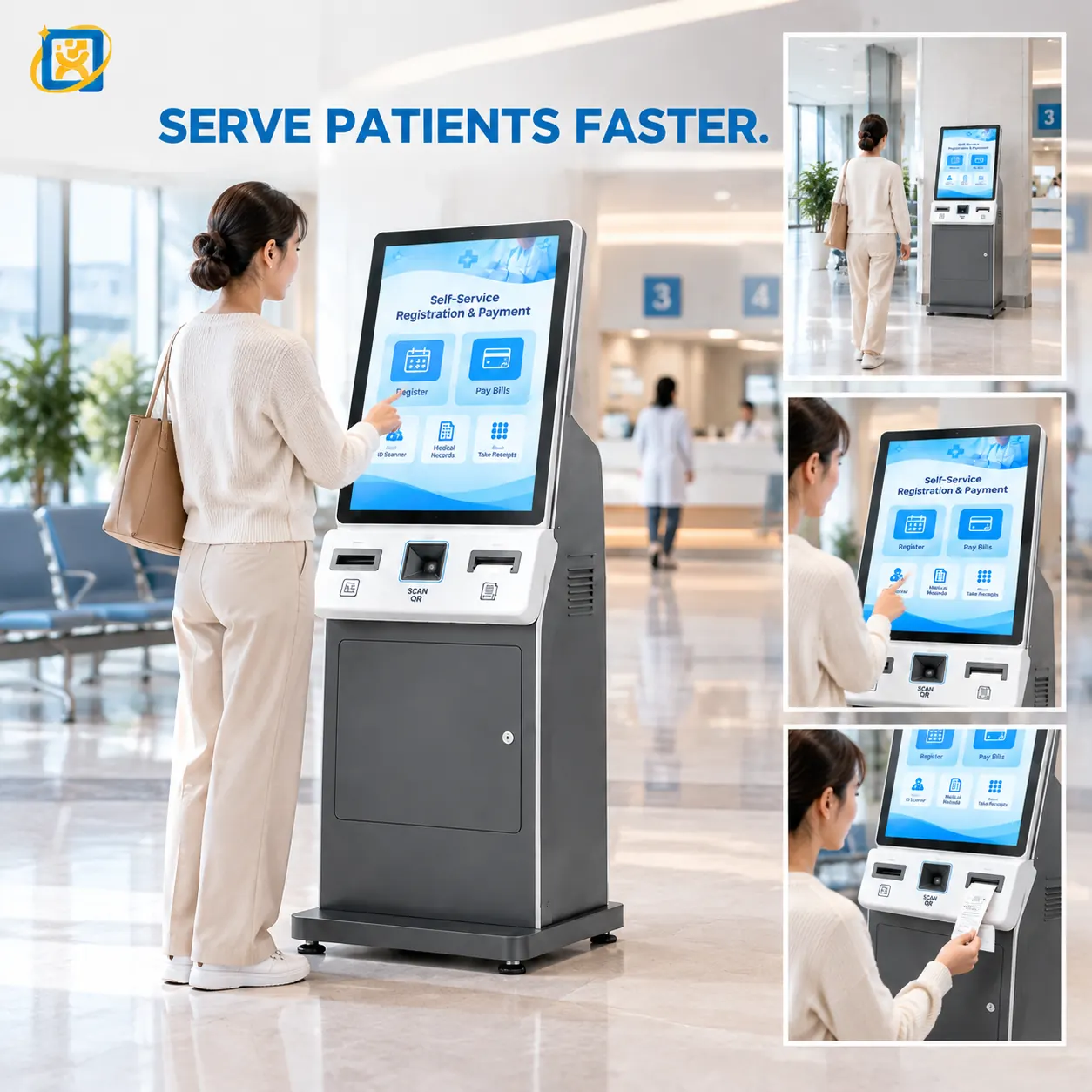 19-inch self-service registration kiosk in a hospital concourse, with outpatient numbering signage and a visitor approaching the terminal