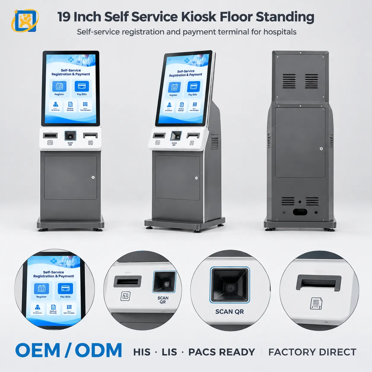 Three-view presentation of the 19-inch floor-standing hospital self-service terminal