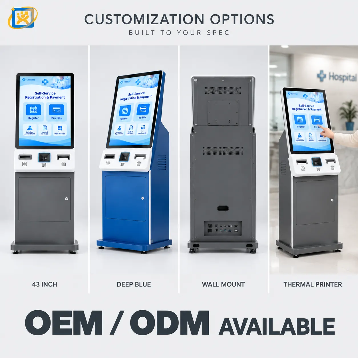 43-inch floor-standing hospital self-service kiosk showing the registration interaction concept