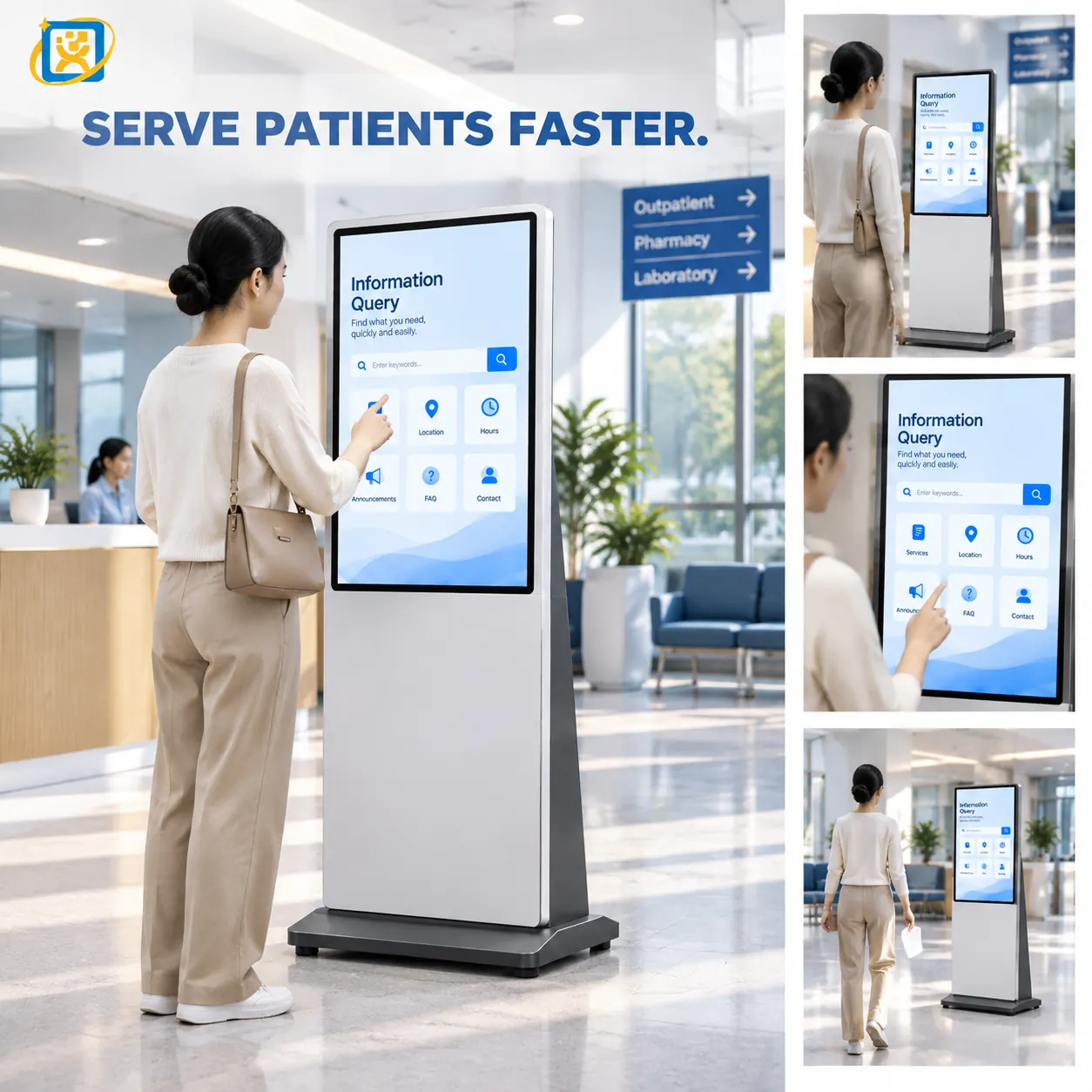 55-inch self-service wayfinding kiosk in a public hall, showing Outpatient, Pharmacy and Laboratory department directories