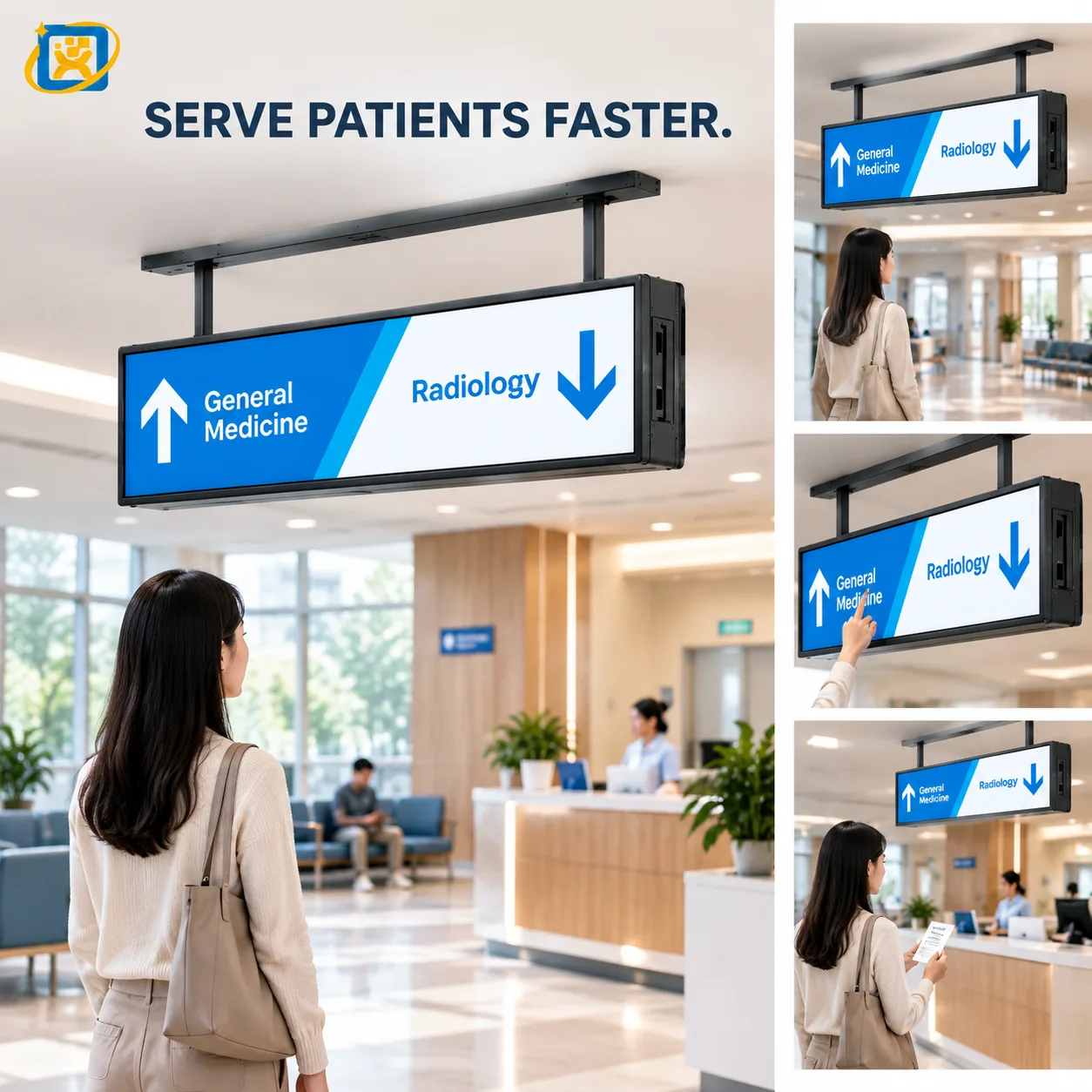 Ceiling-mounted stretched bar display shown in a product poster layout