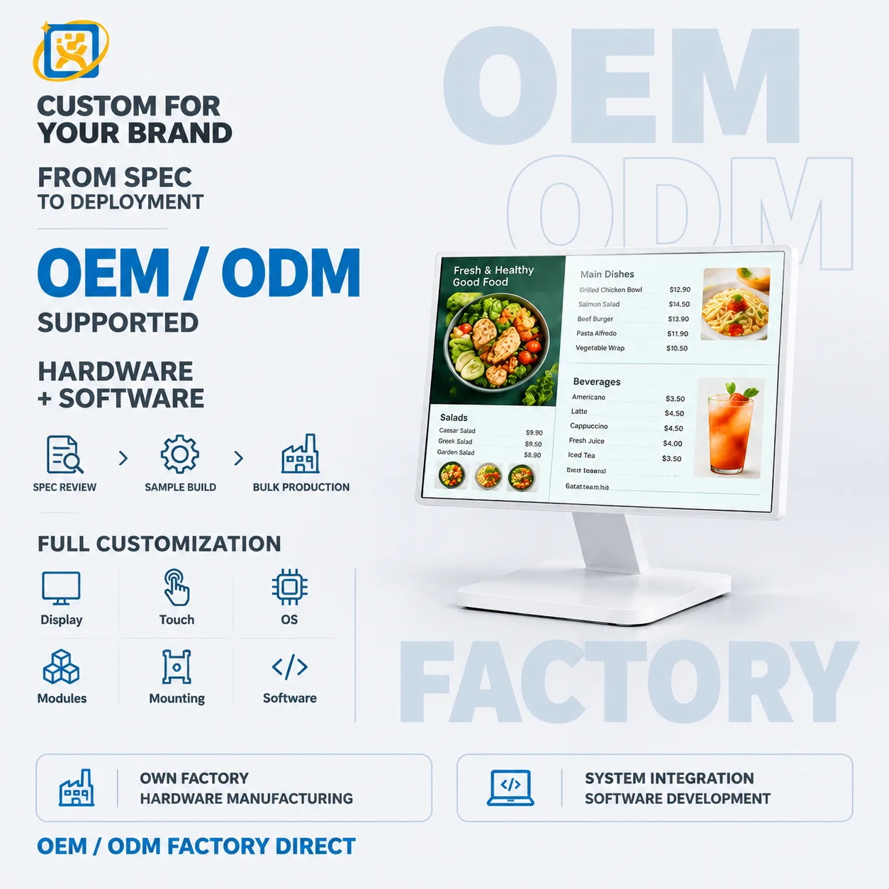 Desktop touch digital signage display for restaurant menus and retail counters