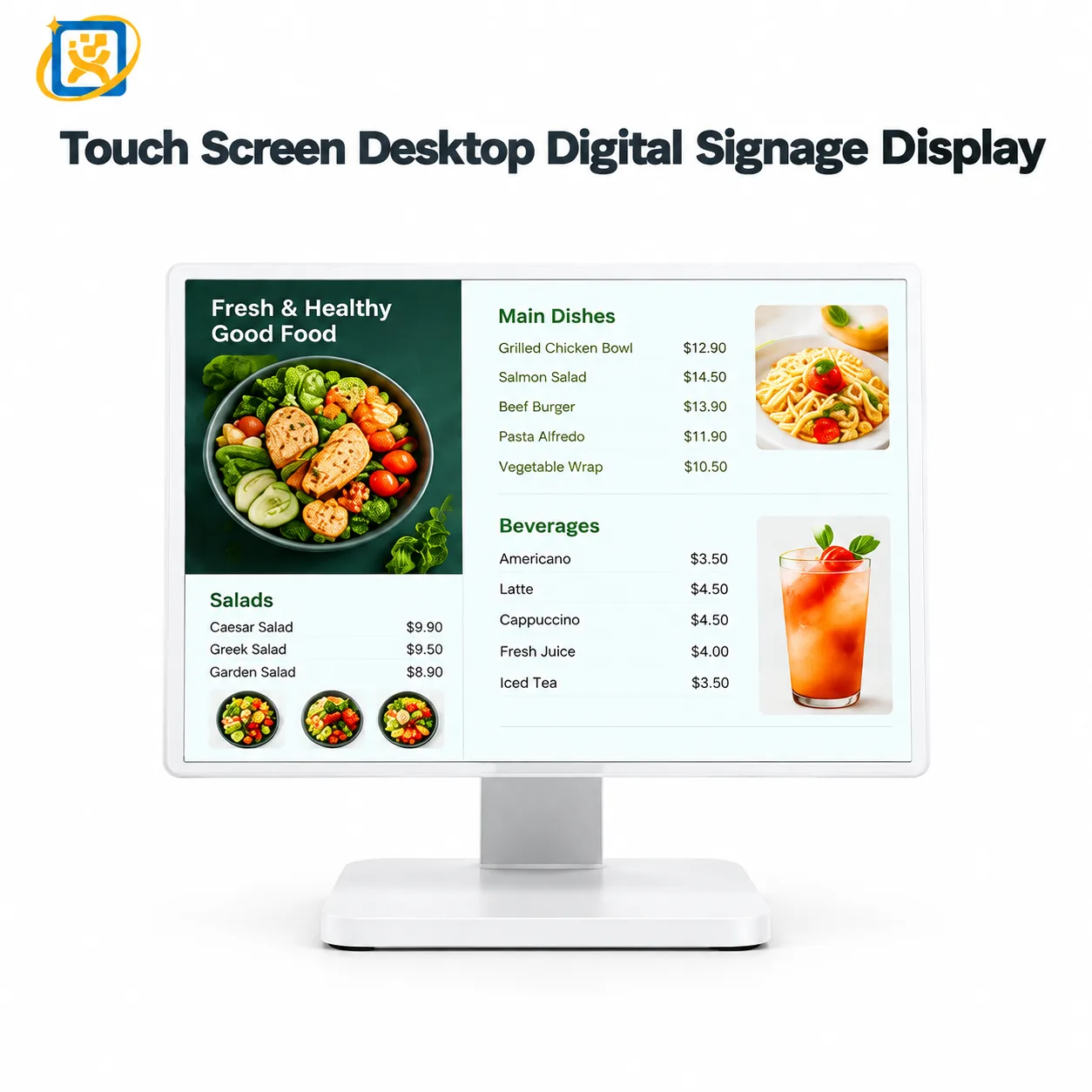 Desktop digital signage menu display product identification card