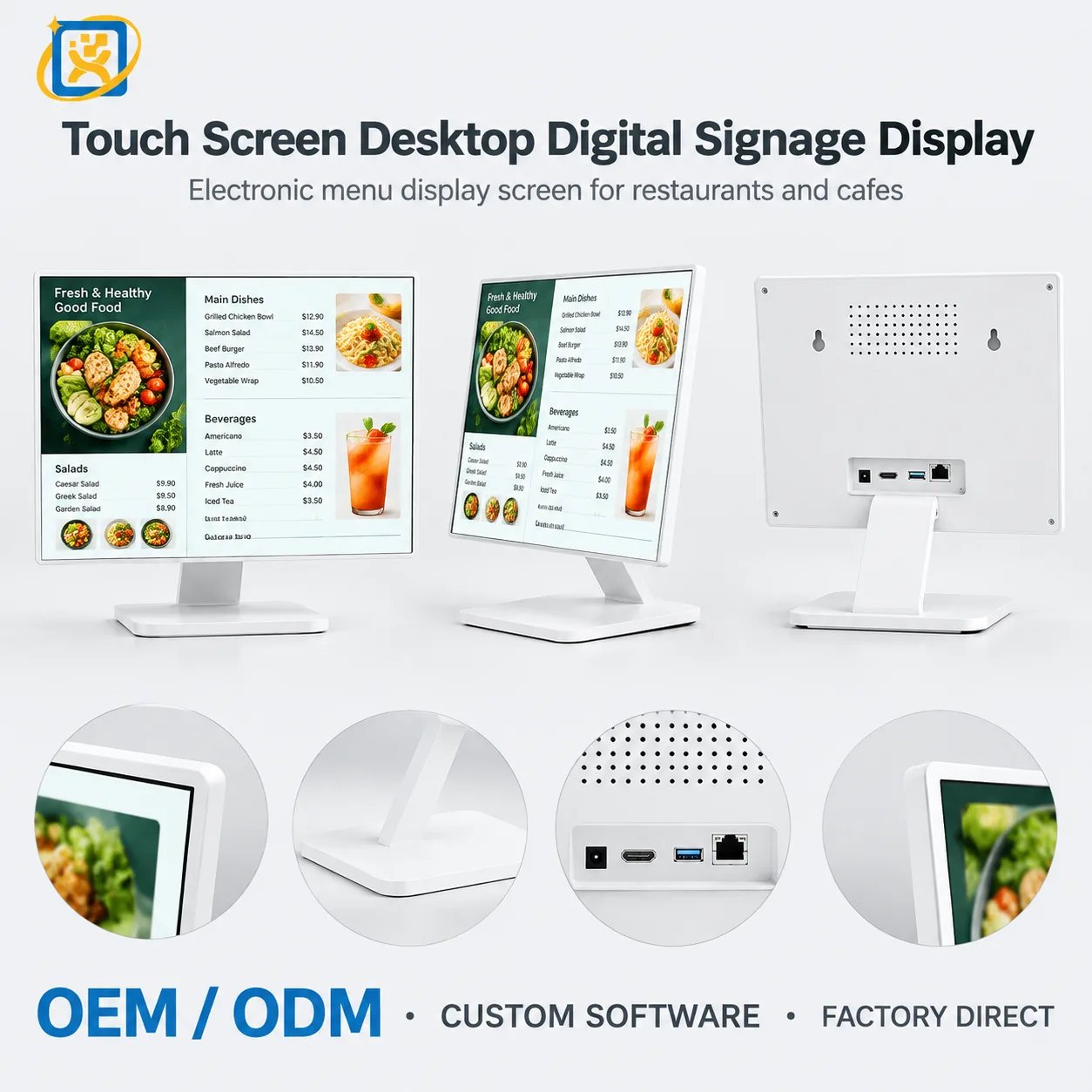 Desktop digital signage menu display three-view drawing