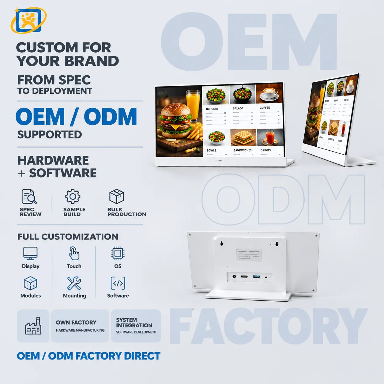 White desktop digital signage menu display with L-shaped stand