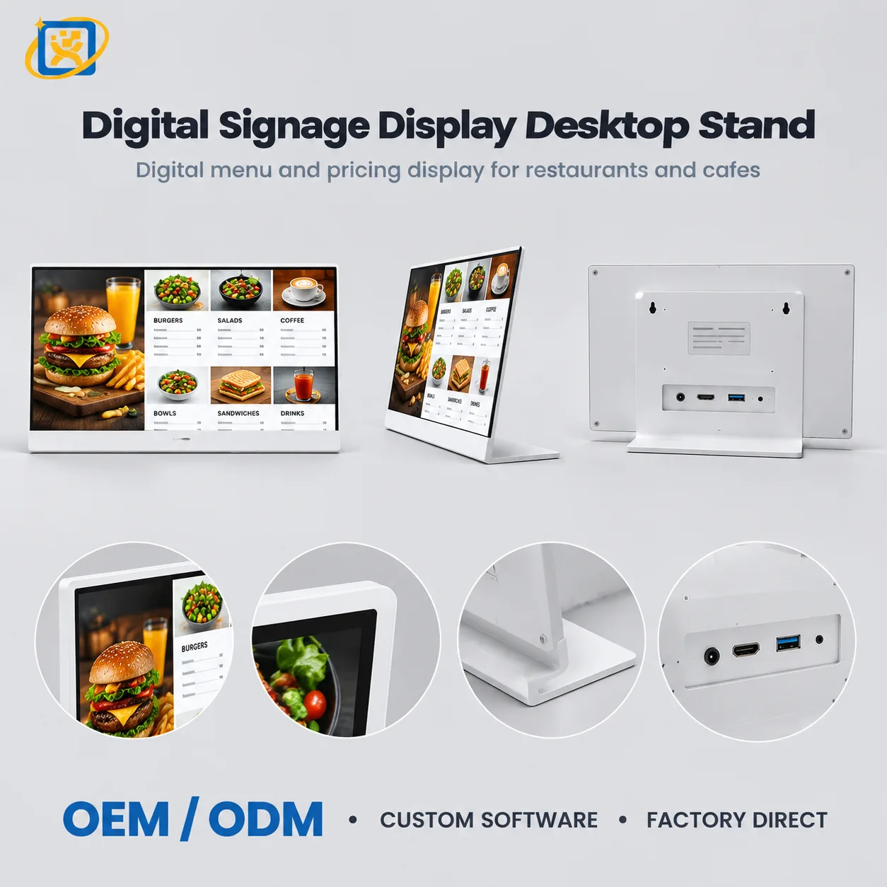 Three-view presentation of the desktop digital signage menu display