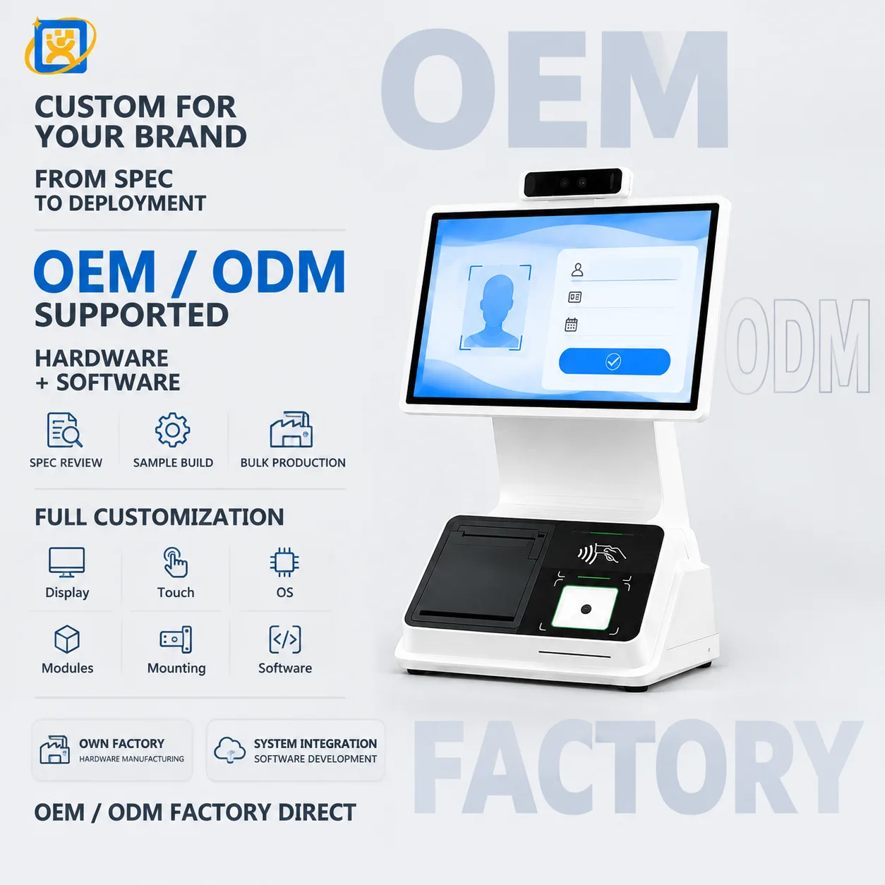 Desktop face recognition identity verification terminal with touch screen and camera module
