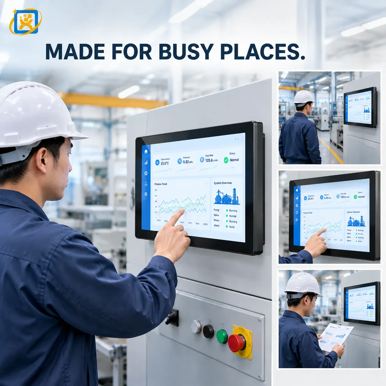 Production-line engineer in a hard hat operating an industrial control panel with a HMI touchscreen, illustrating OEM kiosk manufacturing and inspection