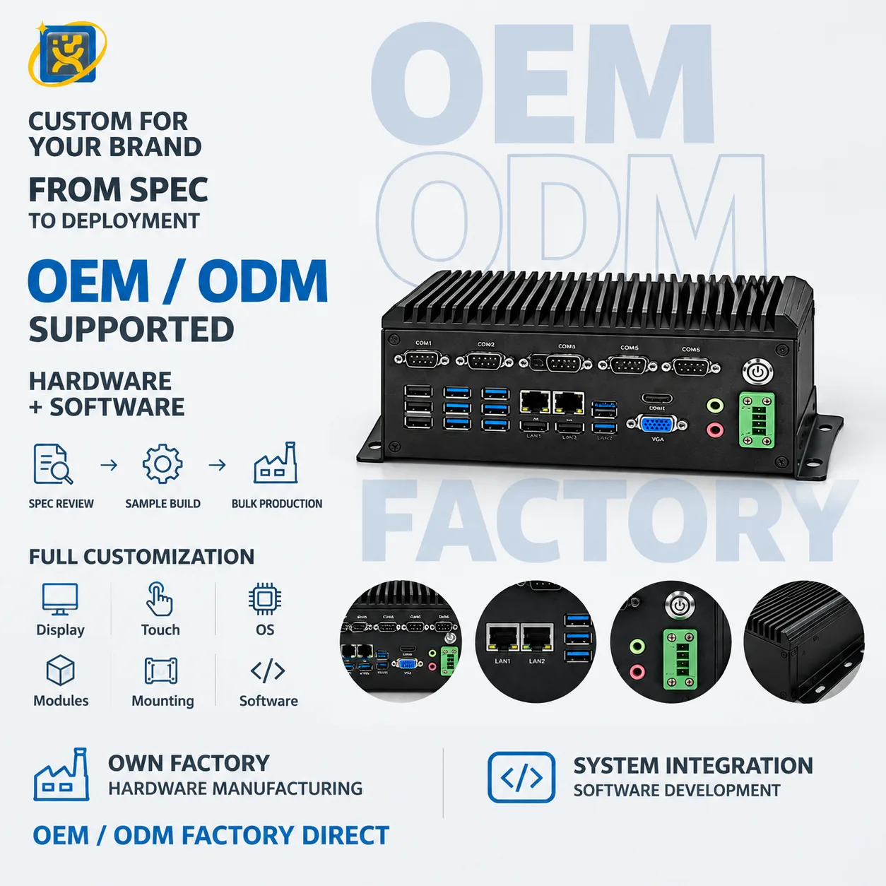 Fanless industrial embedded computer with multiple COM ports and aluminium heatsink