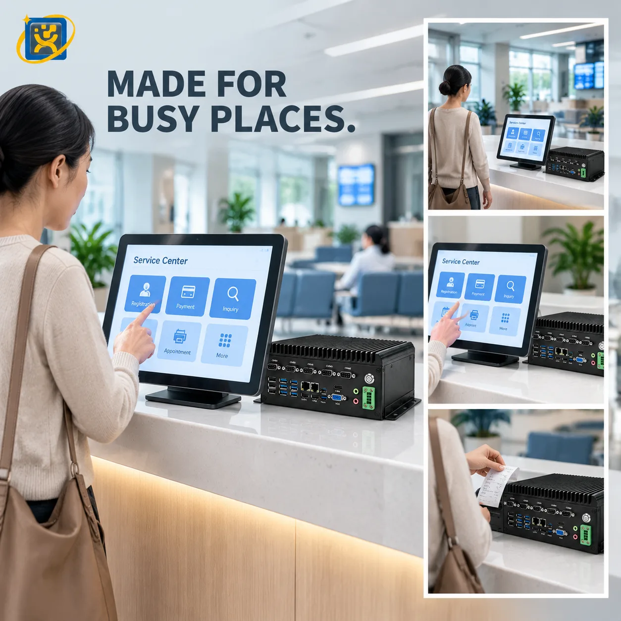 Fanless industrial embedded computer paired with a self-service kiosk in a service-centre counter, showing exposed USB, LAN, HDMI, VGA, COM and DIO ports