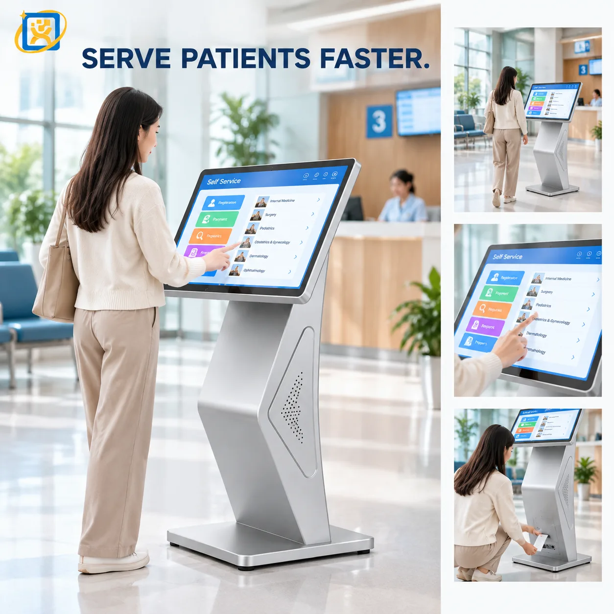 Floor-standing digital signage kiosk shown in a product poster layout