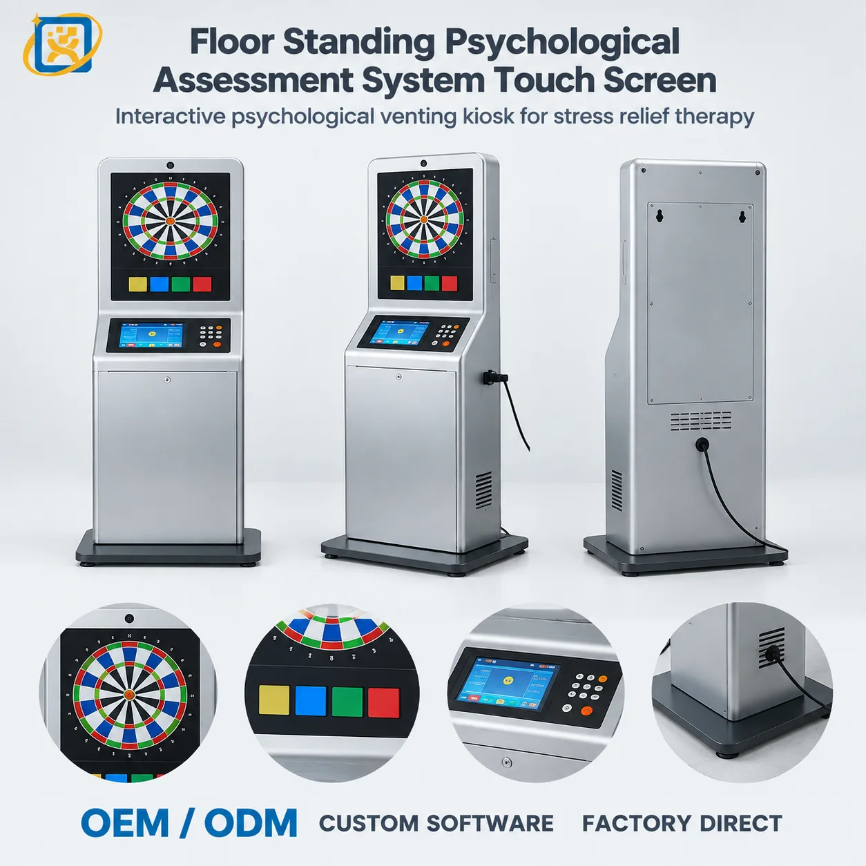Three-view presentation of the floor-standing psychological assessment terminal