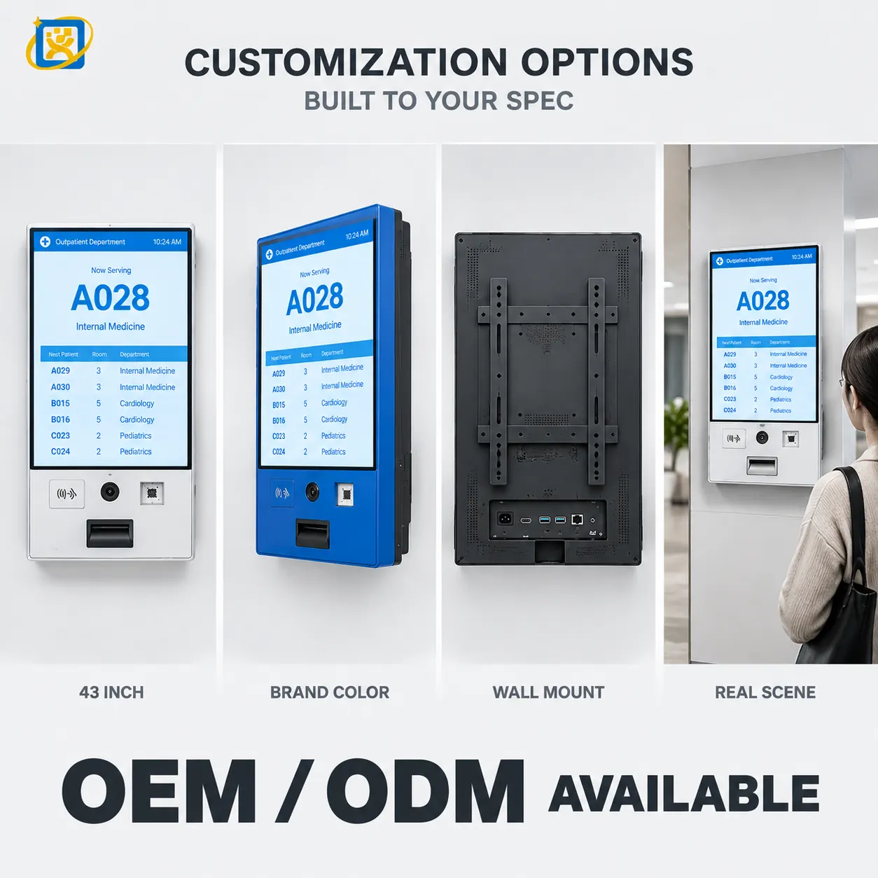 Wall-mounted hospital queuing display showing the patient check-in interaction concept