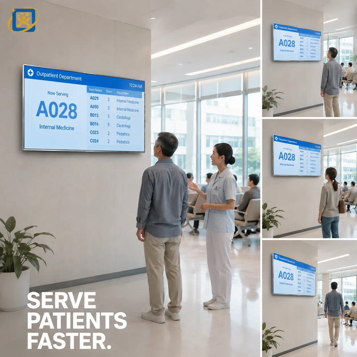 Hospital outpatient waiting area with wall-mounted queuing display, nursing station and patient, showing the queue calling workflow
