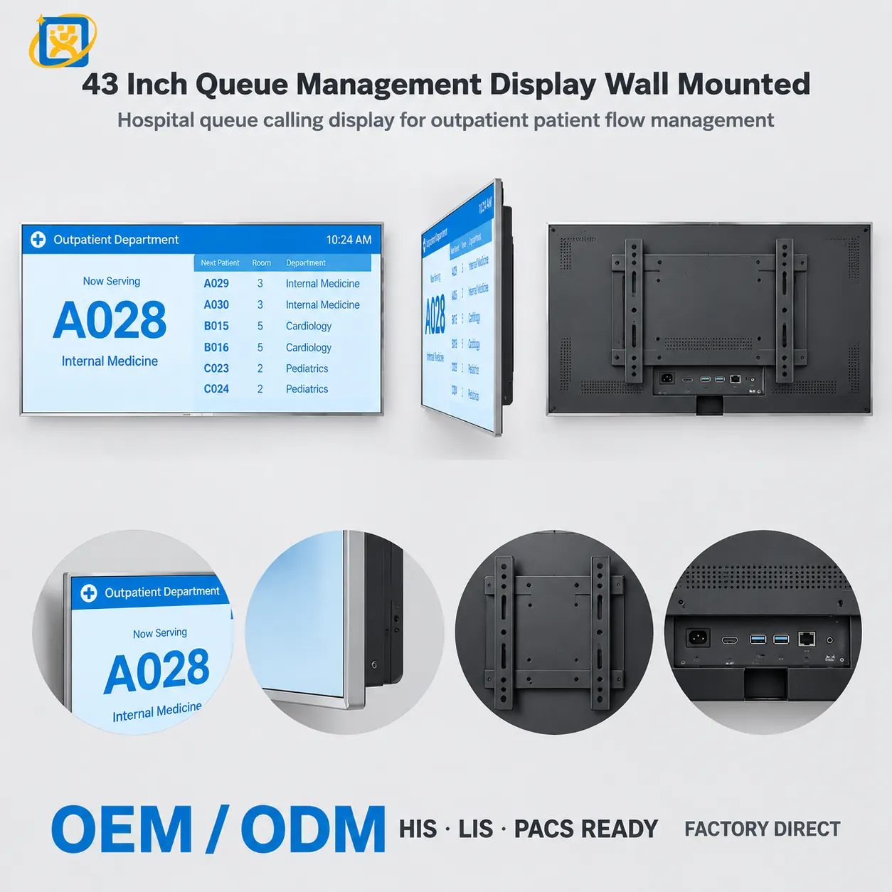 Three-view presentation of the wall-mounted hospital queuing display