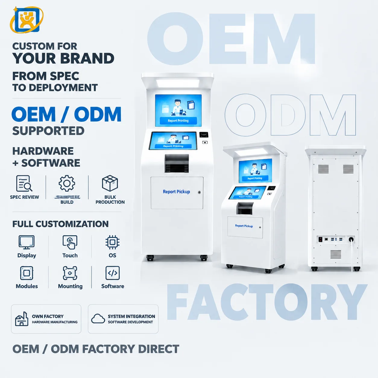 Dual-screen hospital report printing and pickup kiosk with thermal printer