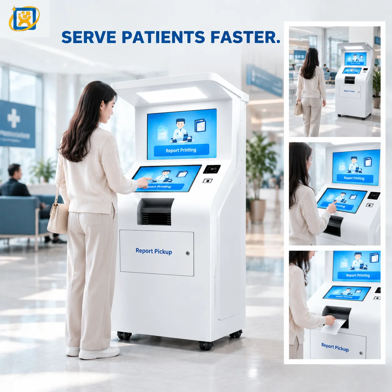 Hospital report printing kiosk shown in a product poster layout