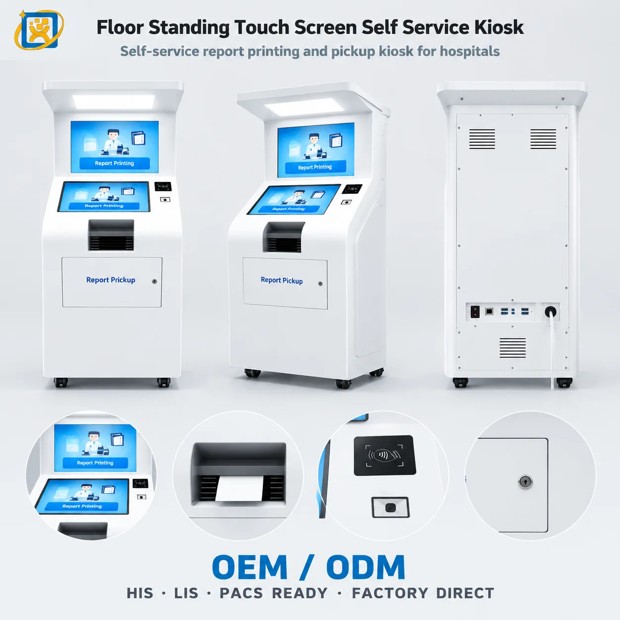 Three-view presentation of the hospital report printing kiosk