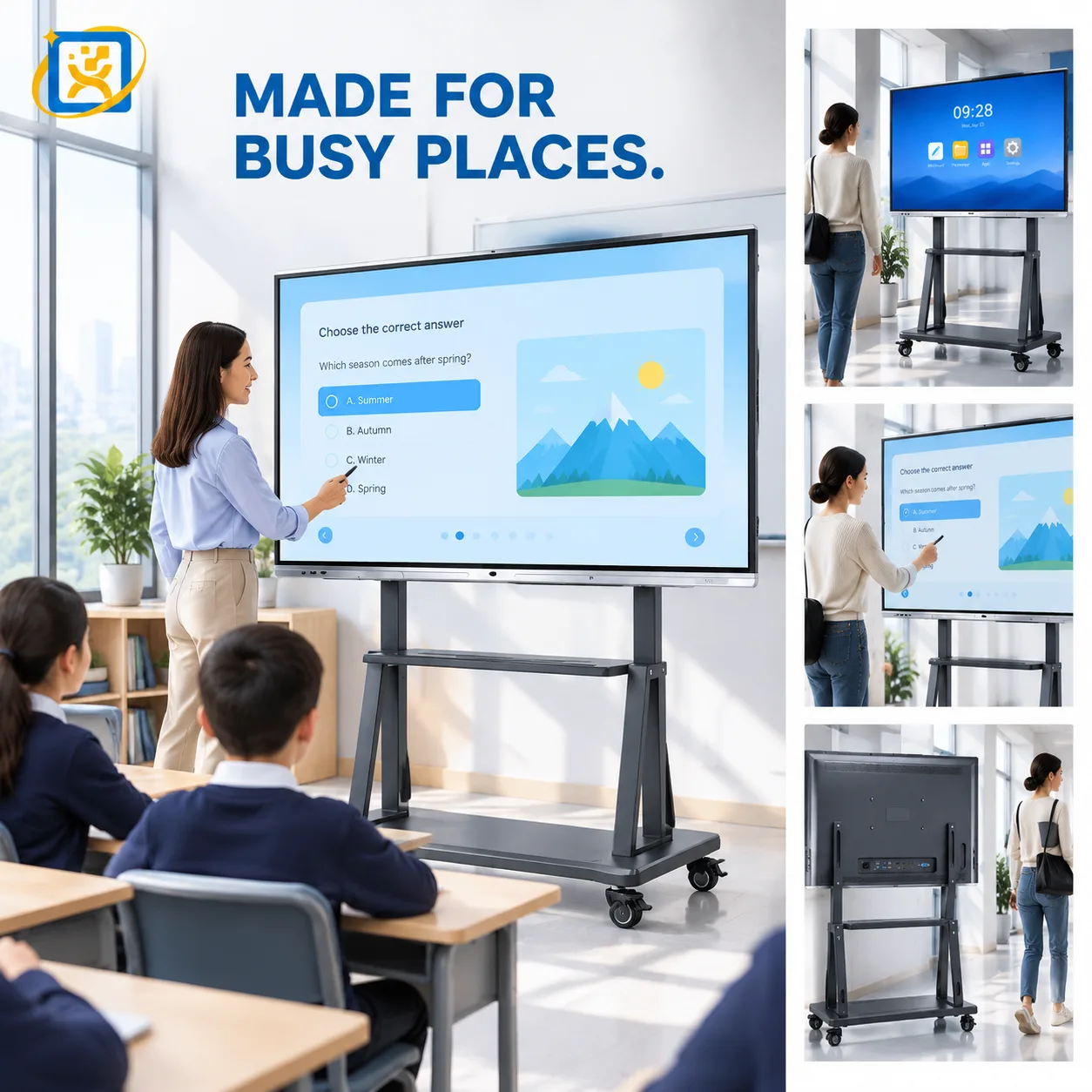 Interactive whiteboard shown in a product poster layout