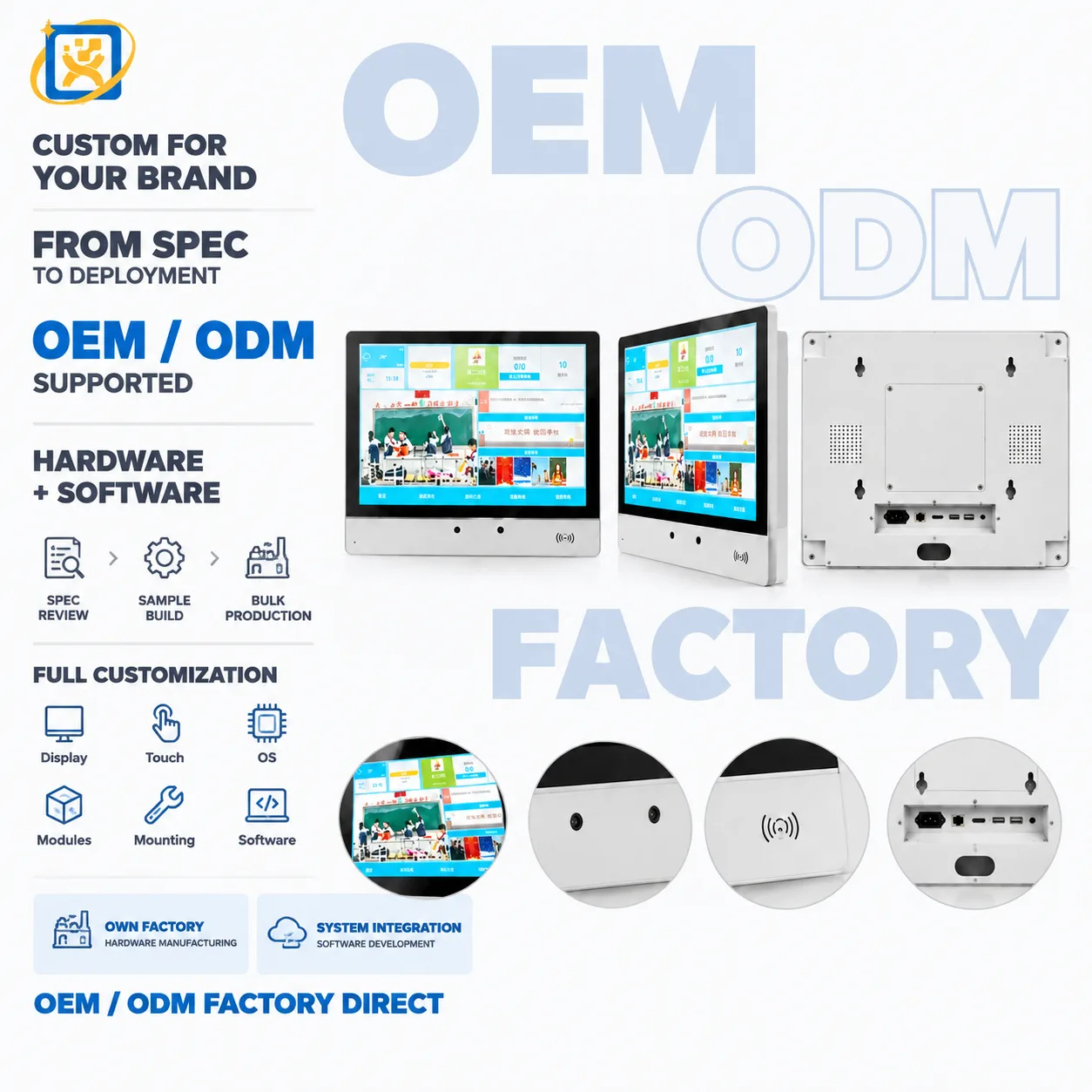 Wall-mounted touch classroom information display with white housing