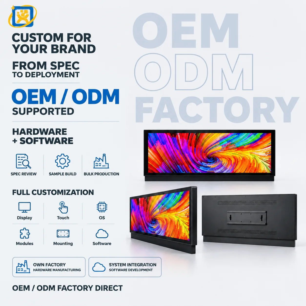 Wall-mounted ultra-wide stretched bar digital signage display with slim black housing