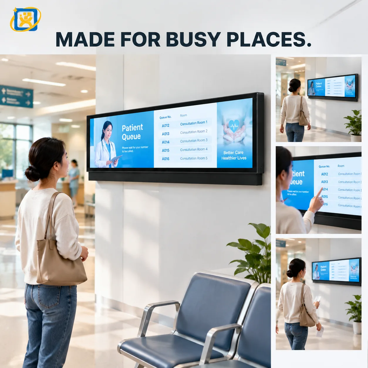 Stretched bar digital signage display shown in a product poster layout