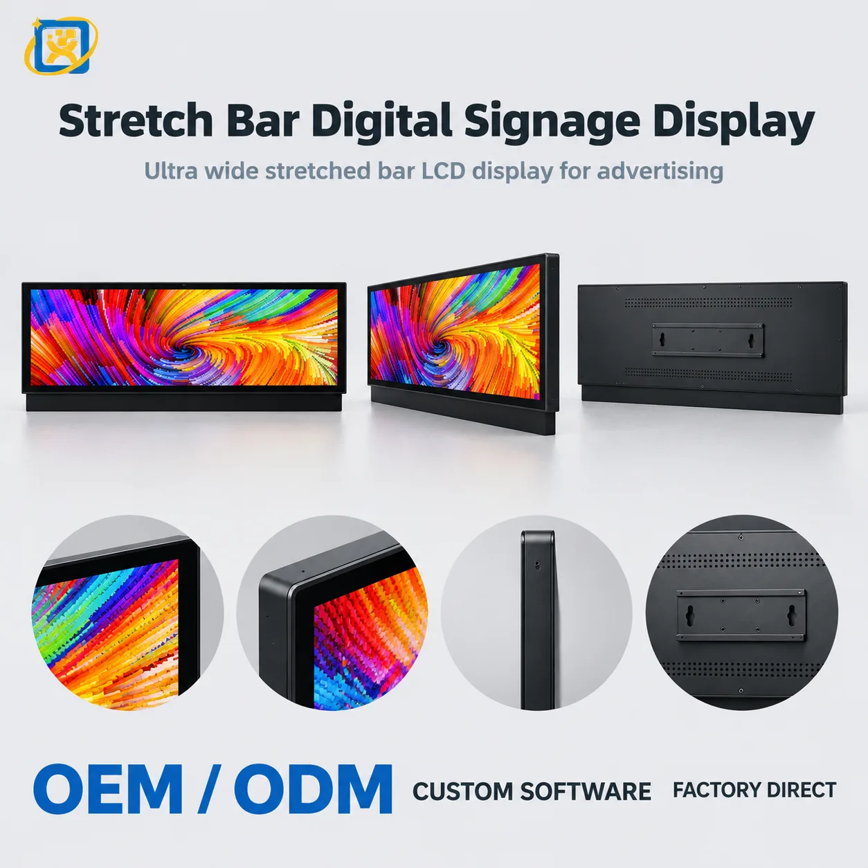 Three-view presentation of the wall-mounted stretched bar display